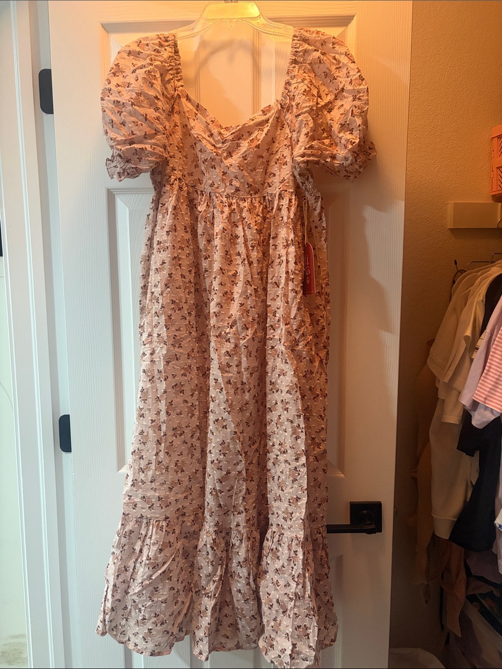 Floral Puff-Sleeve Maxi Dress in Blush Pink